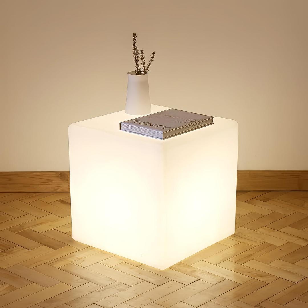 Mr.Go 14-Inch Color Changing LED Cube Light Stool, Glow Cube Seat for Kids, Modern LED Light Side Table, 16 RGB Colors Mood Lighting, Ideal for Home Garden Patio Bar Pool Party Decorative Lighting