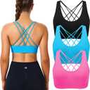 Evercute Cross Back Sport Bras Padded Strappy Medium Support Cropped Bras for Yoga Workout Fitness Bras (Black French-blue Magenta-pink 3 Pack Size M)