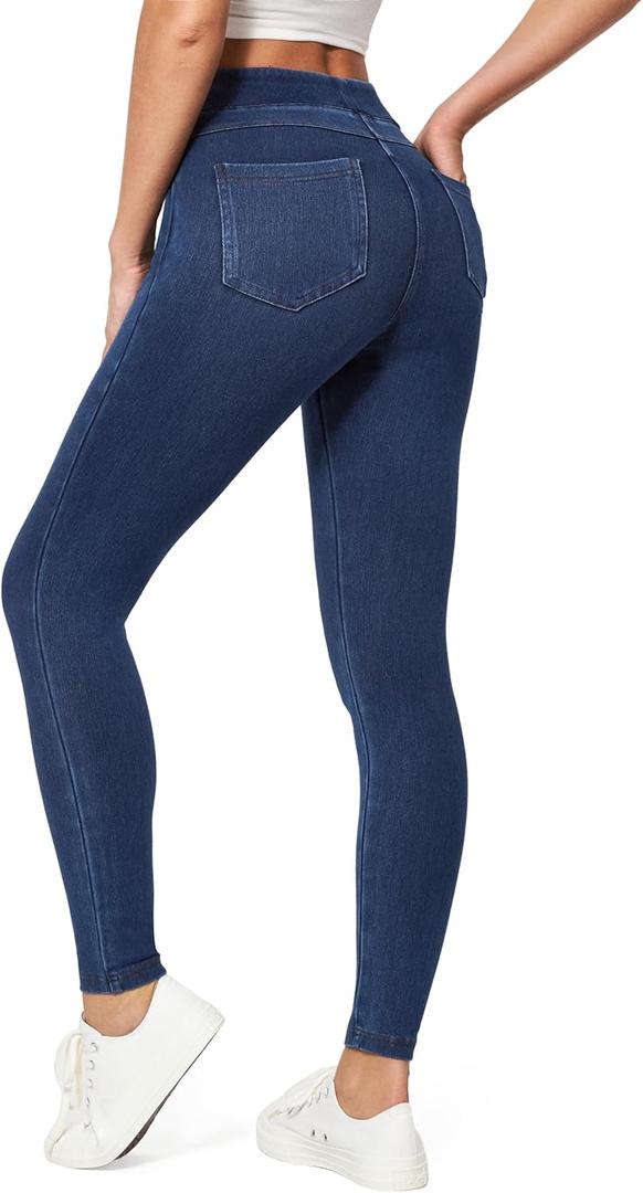 IUGA Jeggings for Women Tummy Control Stretchy High Waisted Jeans Pull on Skinny Jean Leggings with Pockets Trendy Casual (Large, Dark Blue)