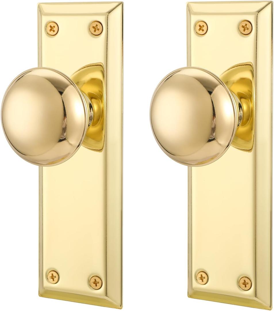 Gold Dummy Door Knob Interior, Inactive Door Knobs for Closet, Antique Bifold Door Knobs Replacement, Single-Side Dummy Old Style Door Handle, Polished Brass, 2 Pack