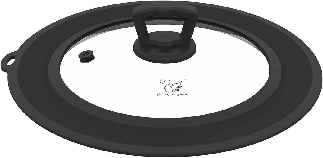 Vented Tempered Glass Universal Lid for Pot Pan Skillet with Heat Resistant Silicone Rim Microwave Splatter Lid Cover Microwave Safe Fit 6.5" 7" 7.5" Cookware, Dishwasher Safe Black