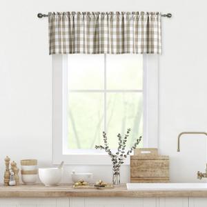 Beige Buffalo Plaid Valance for Kitchen, Tan Buffalo Checkered Gingham Valance Curtains for Windows, Rod Pocket Retro Farmhouse Cafe Curtains, 55" x 15", Linen