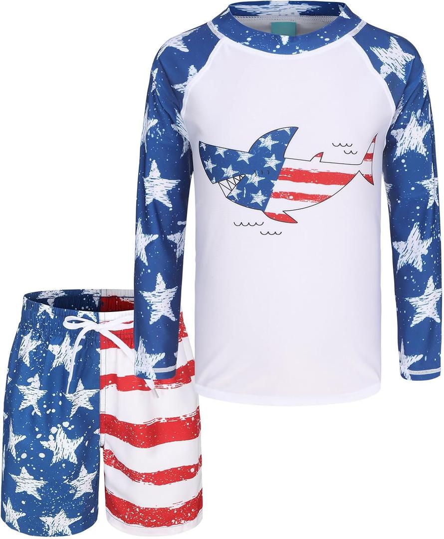 Boys Two Piece Rash Guard Swimsuits Set with Swim Trunk Kids Long Sleeve Bathing Suit Swimwear Set Flag Star Shark Size 14/12-14 Years