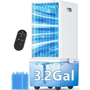 4-IN-1 Windowless Air Conditioner Portable w/3.2-Gal Tank for 30H Cooling, 4 Speeds &4 Modes, Waterless Alert System Swamp Cooler, LED Touch & Remote,12H Timer, Evaporative Air Cooler for Room