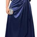 Women's Plus Size Formal Satin Dress V Neck Wrap Ruched Maxi Evening Gown Cocktail Party Wedding Guest Dresses (Blue, XL)
