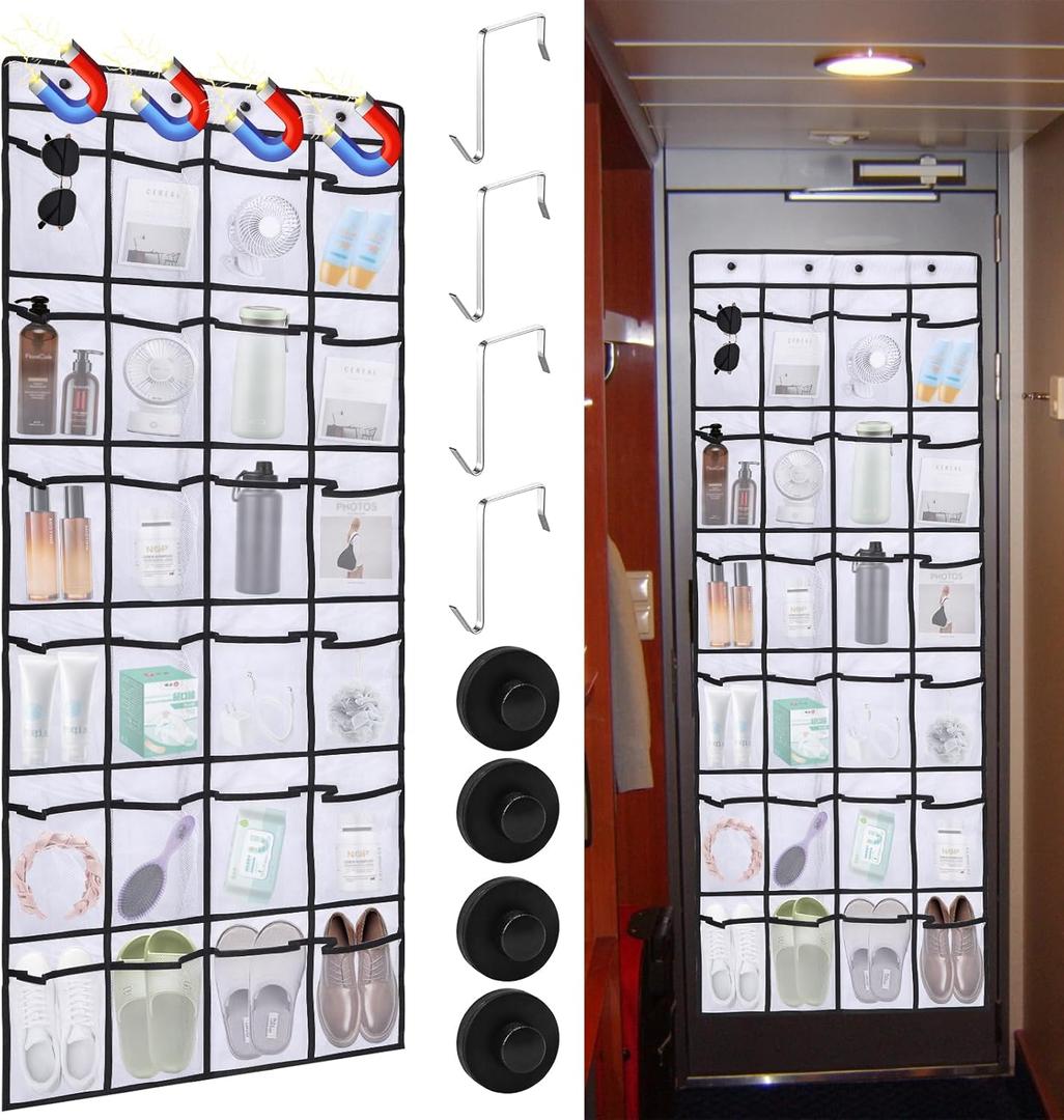 CTTZCKJ Over The Door Organizer For Cruise Ships|Magnetic Door Organizers with 24-Pocket for Cruise Ship|55"x21"|Cruise Over the Door Organizer,Magnetic Shoe Rack for Cruise,Behind-Door Storage (white)