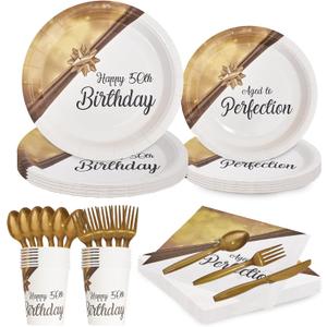 BIMASO 50th Birthday White & Gold Plate Set - 20 Sets - 50th Birthday Plates - Happy 50th Birthday Decorations