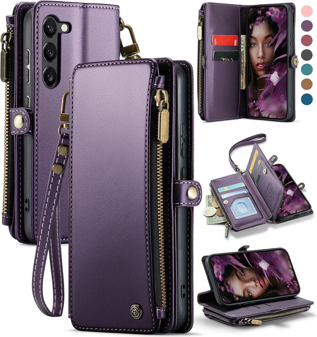 Defencase Compatible with Samsung Galaxy S23 Case Wallet with RFID Blocking Card Holder for Women Men, Soft PU Leather Magnetic Snap Flip Zipper Strap Wallet Phone Case Fit for Galaxy S23 6.1", Purple