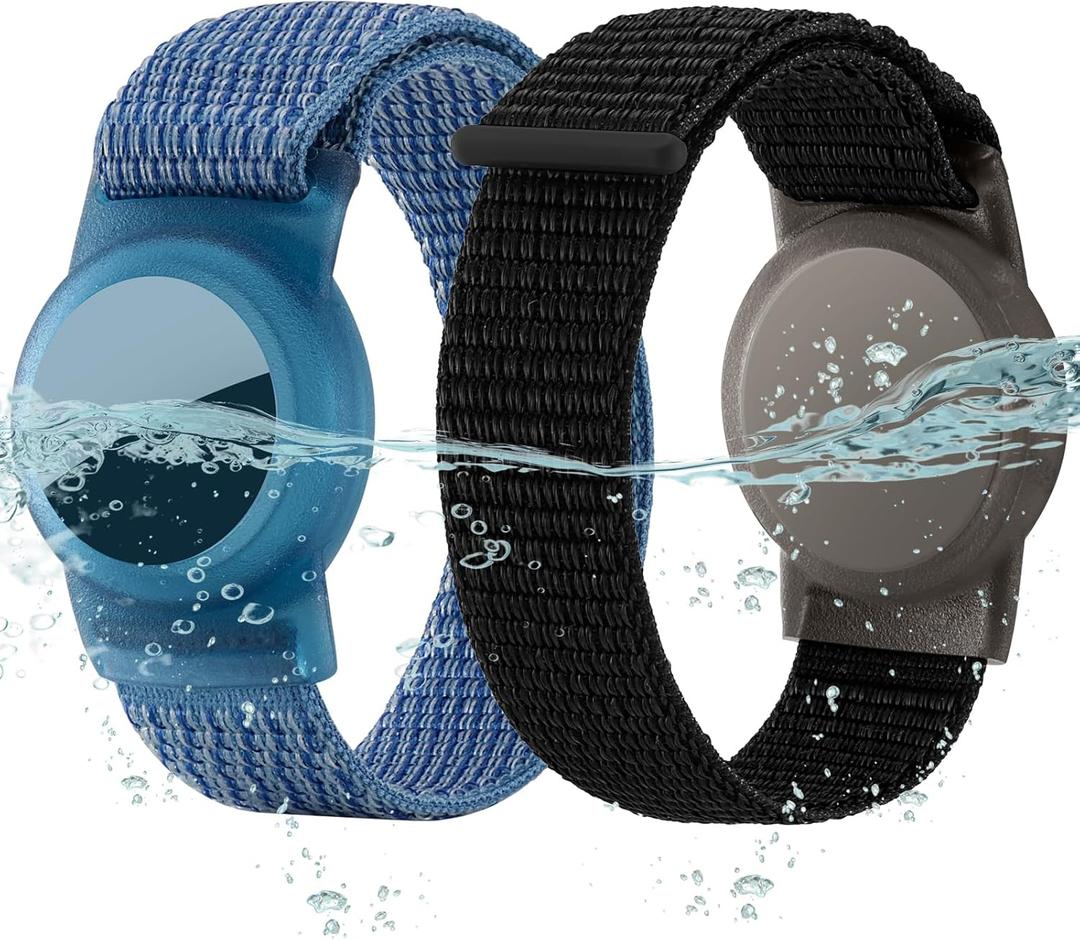 Waterproof Bracelet for Airtag (Gen 1 & 2) Kids 2 Pack, Soft Nylon Hidden Air Tag Wristband Full Cover Lightweight GPS Holder Compatible with Apple AirTag Band for Toddler Child (Black & Blue)