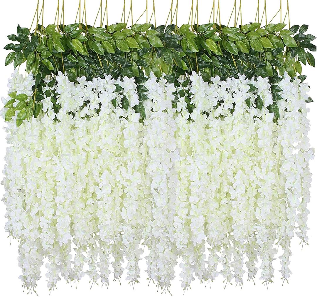 WEISPARK Fake Hanging Flowers - 12 Pieces 3.75 Feet/Piece Artificial Wisteria Vine Ratta Hanging Garland Silk Flowers for Home Party Wedding Decor (White)