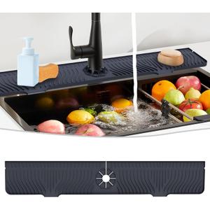 Derlights 33 inch Sink Splash Guard Mat, Silicone Faucet Handle Drip Catcher Tray, Longer Silicone Sink Mat for KitchenBathroom, Drip Protector Splash Countertop (Black)