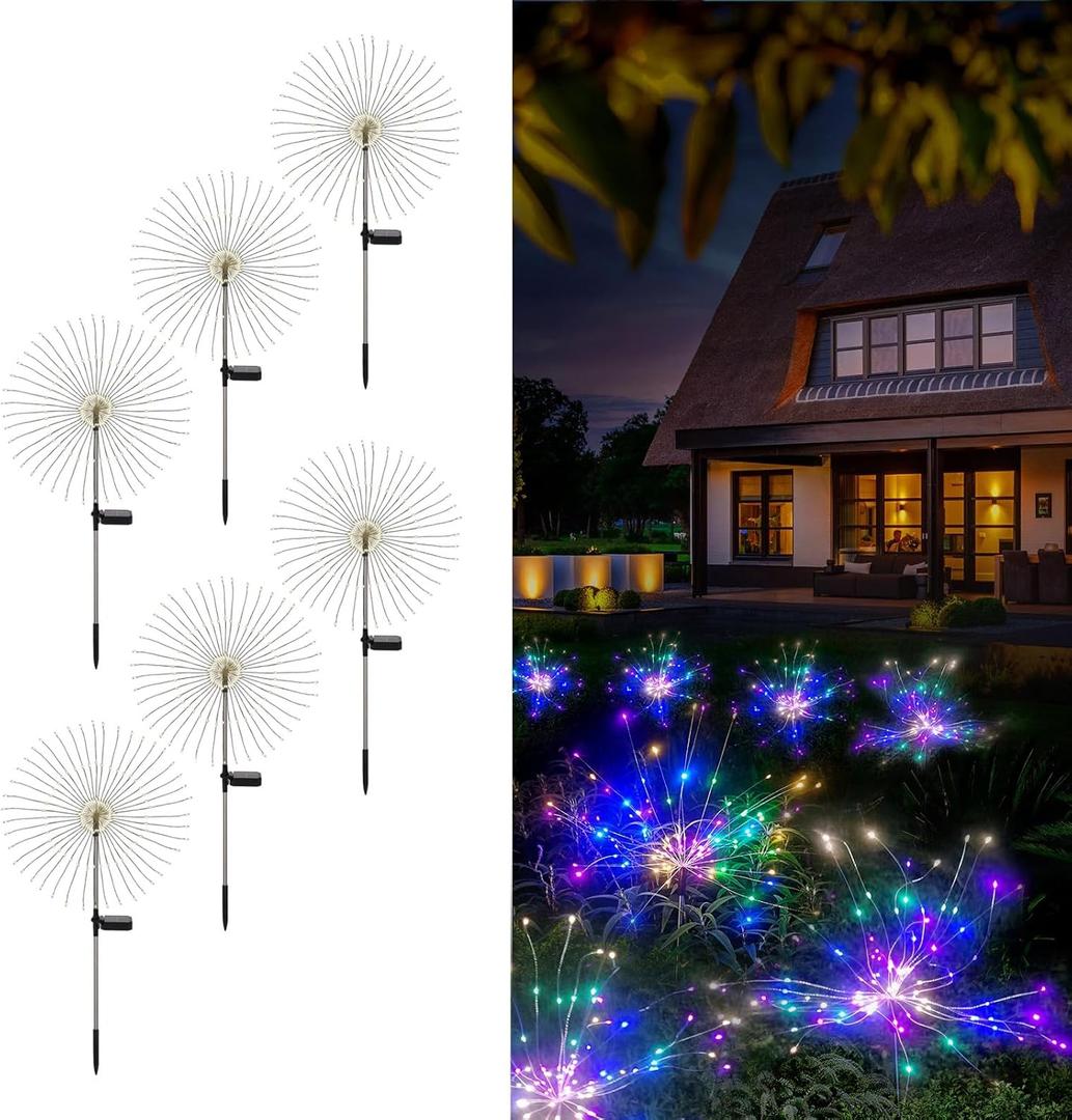 Solar Fireworks Lights for Outside, 150LED 8 Modes Fireworks Solar Lights Outdoor, Fairy Garden Flowers for Yard Pathway Wedding Party Christmas Diwali Garden Decor 6Pack (Multicolor)