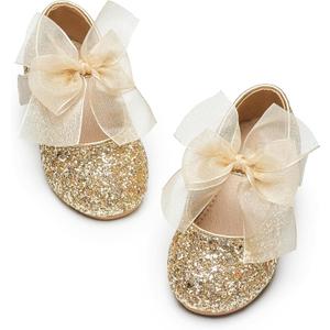 Kiderence Little Toddler Girls Dress Shoes Ballerina Ballet Flats Kids Gold Mary Janes Size 6