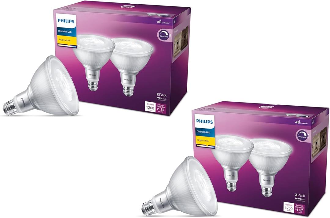 Philips LED 120W PAR38 4-Pack Bright White (3000K) 1200 Lumen (13W = 120W) Dimmable Flicker-Free Light Bulbs