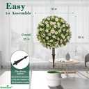 Set of 2 Artificial Topiary Ball Trees with White Mum, Faux Boxwoods for Outdoor Planters with Ground Spike, UV Resistant Artificial Outdoor Plants for Porch, Fake Bushes Round Shrub