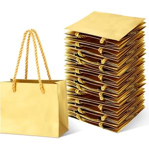 Fainne 24 Pcs Gold Mini Gift Bags with Handle Gift Card Bags Bulk Extra Small Paper Party Favor Boxes Tiny for Christmas Wedding Baby Shower Birthday Wrapping Supplies, 4.7 x 3.9 x 2.3 Inch