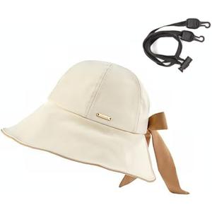 YAMEIZE Womens Bowknot Bucket Sun Hat - Wide Brim Hat for Women Packable Ponytail hat with Adjustable Strap UPF50+