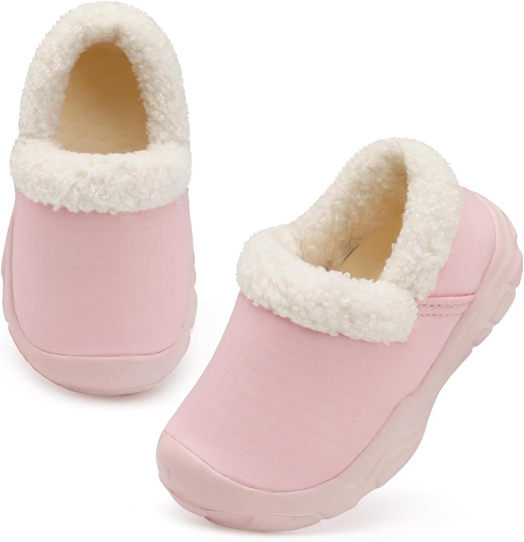 L-RUN Toddler Slippers Boys Girls Winter Warm Shoes Soft-Soled Plush-Lined Slip-on Kids Winter Footwear Wide House Shoes (Pink)