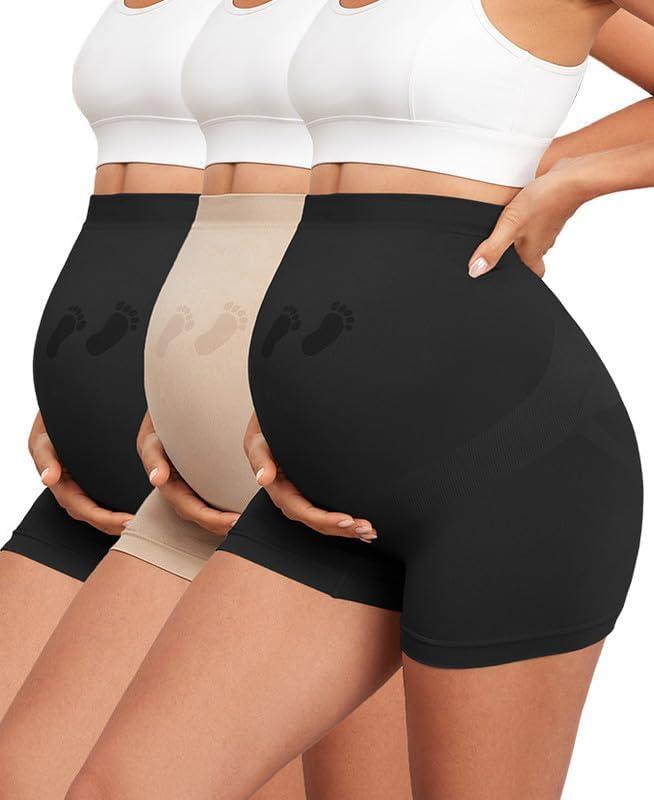 Maternity Shapewear Seamless Underwear Over Bump Pregnancy Shorts High Waist Panties Under Dress Belly Support (Large, 2*black+1*nude)