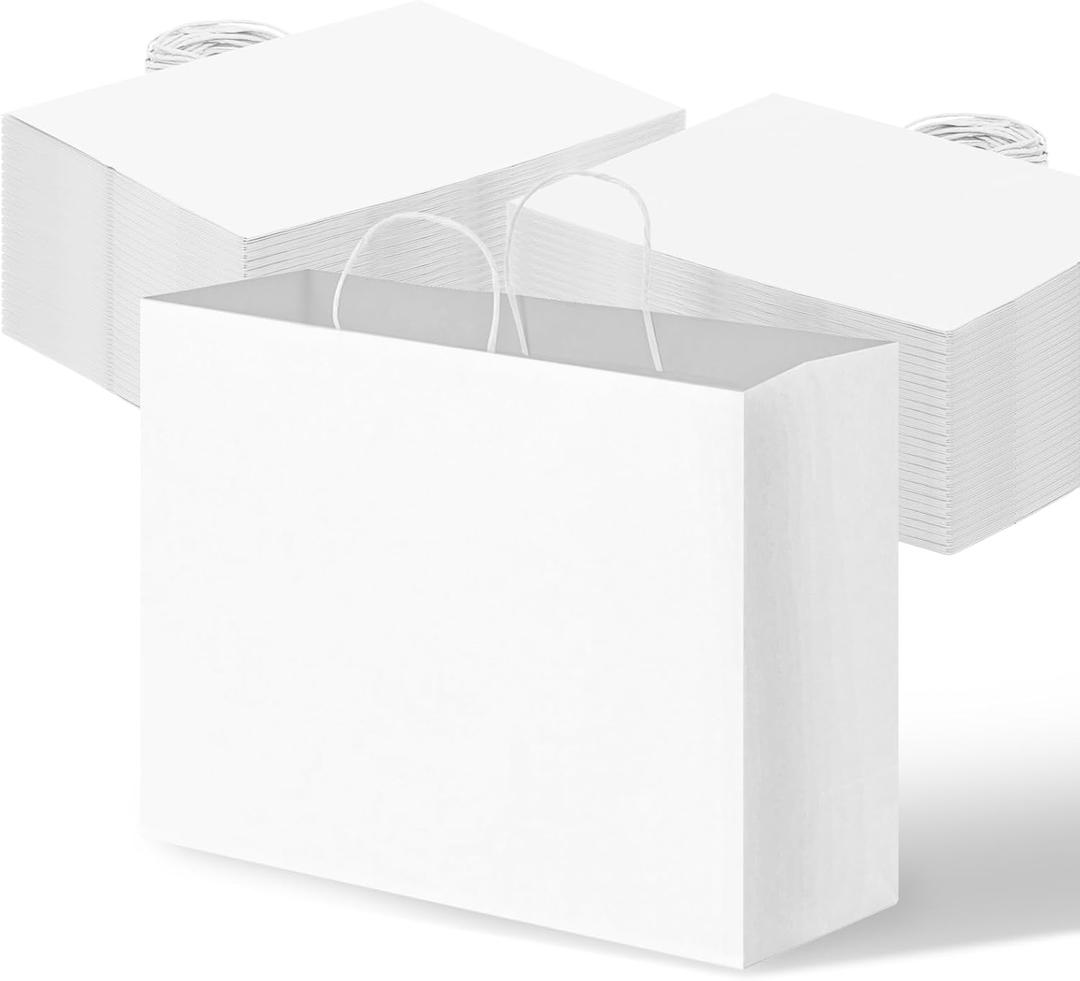OUTUXED 110pcs 16x6x12 Inch White Paper Bags with Handles, Kraft Large Paper Gift Bags Bulk for Small Business, Merchandise, Gifts, Shopping, Grocery
