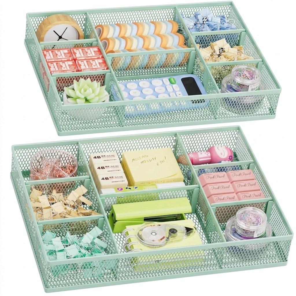 Marbrasse 2 Pack Desk Drawer Organizer, Mesh Drawer Organizer Tray with 8 Adjustable Compartments, Desk Organizers and Accessories, 5 Dividers Drawer for Office Supplies, Makeup & Vanity (Green)