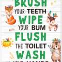 2 x Wash Brush Wipe Flush Sign Kids Bathroom Wood Plaques Wall Decor, Cute Woodland Animal Theme Front Door Wooden Hanging Sign for Boys Bathroom Toilet Washroom Wall Decor 12'' L x 8'' W