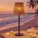 Outdoor Solar Table Lamp Rattan Wicker Lights Waterproof Scalloped Boho Table Lamps with Metal Base for Garden, Yard, Patio, Lawn Outdoor Decor Indoor Bedroom Living Room Desk