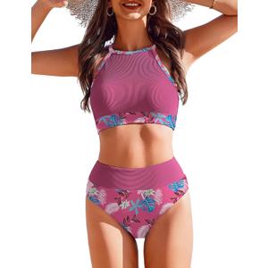 AI'MAGE Women's Bikini Sets High Neck Ribbed Two Pieces Swimsuit Tummy Control Bathing Suits High Waisted Swimwear 2025 (Rose Red Print), M