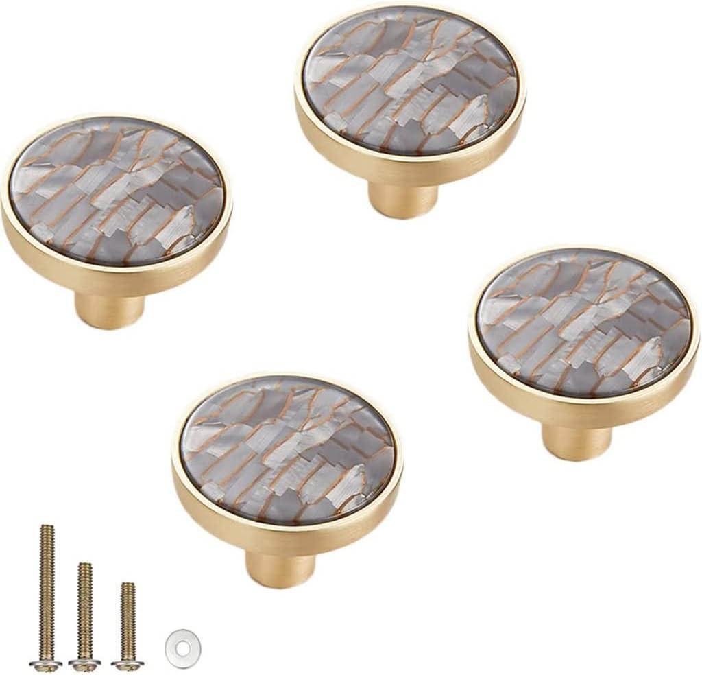 4 Pack Brass Decorative Cabinet Round Knobs, 1.25" Northern Europe/Chinese Style Pearl Shell Handles pulls knobs for Home Decor Cabinet Drawer Furnitures (4 Pack, Light Gray)