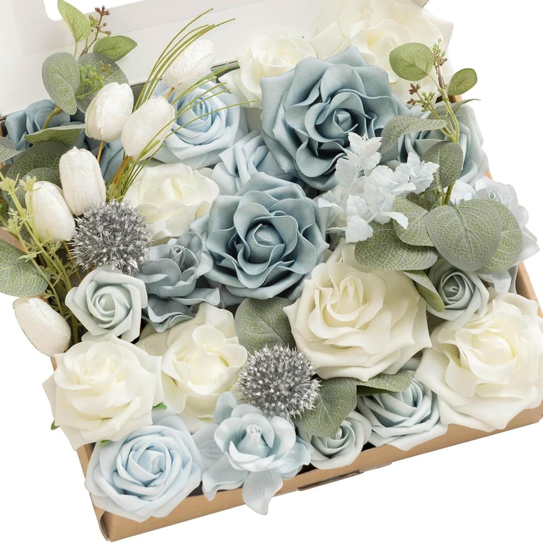 Ling's moment Fake Flowers Box, Faux Artificial Greenery Stems Foam Roses Gardenia Silk Eucalyptus Fabic Flower for Centerpieces Bouquet Wedding Vase Decorations, Dusty Blue & White, Grand Combo