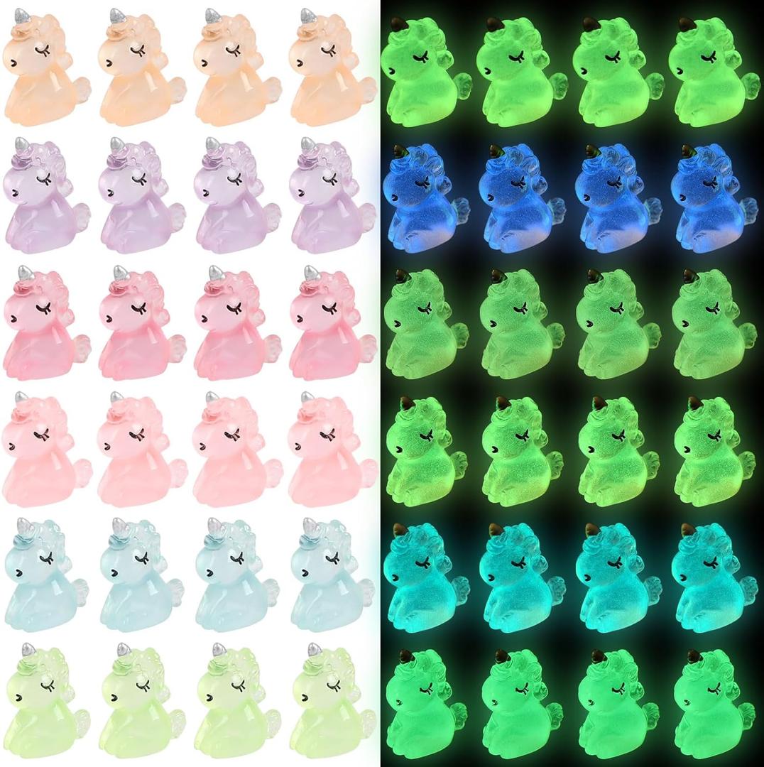 CCINEE 48pcs Luminous Mini Unicorn Miniature Figures Glow in The Dark Resin Unicorn Figures Micro Fairy Ornaments Tiny Unicorns Miniature for Bag Cake Topper Birthday Party Favors