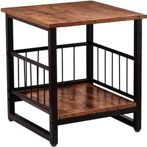 End Table, Industrial Side Table with 2-Tire Storage Shelf, 180LBS Mini Fridge Stand with Adjustable Feet, 18"x18" Wood Night Stand Small Bedside Table with Sturdy Metal Frame for Living Room Bedroom (Rustic Brown)