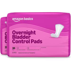Amazon Basics Incontinence Pads for Women, Postpartum, Bladder Management, Overnight Absorbency, Unscented, with Odor Management, 60 Count (2 Packs of 30)