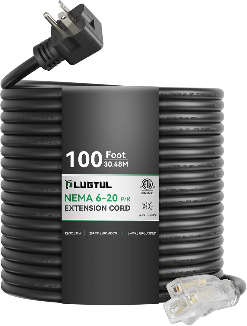 PLUGTUL NEMA 620 Extension Cord 100FT, Heavy Duty Extension Cord with Lighted Outlet, 20A/250V, 12Gauge SJTW, ETL Listed, 620P to 620R (T Blade Female Adapter)  Black