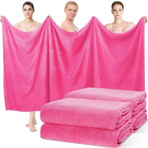 Mixweer 4 Pcs Oversized Bath Towels, 40 x 80 Inch Giant Microfiber Jumbo Bath Sheets Soft Bathroom Microfiber Quick Dry Absorbent Shower Towels for Spa Camping Beach(Hot Pink)