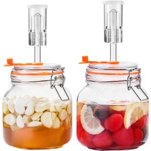 JILLMO 1 Liter Fermentation Jar, Square Glass Fermenting Kit for Making Sauerkraut, Hot Sauce, Mead, Cider and More, Pack of 2, 5.9 x 4.4 inches