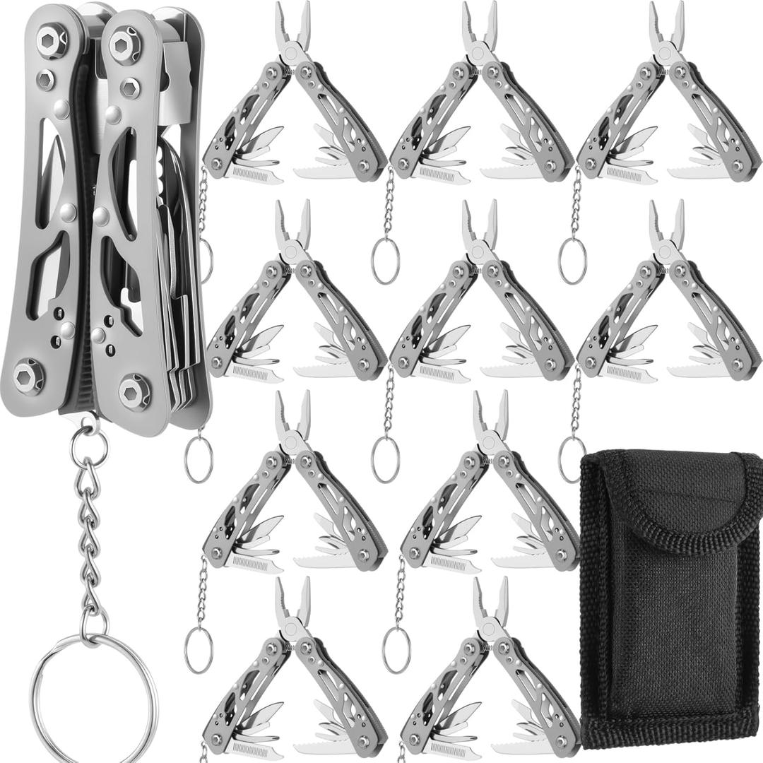 Lasnten 10 Sets Small Multitool Pliers Gift for Men, Stainless Steel Multi Tool with Oxford Cloth Cover, Pliers Foldable Knife Bottle Opener Screwdriver Apply to Camping Dad Gifts(Gray)