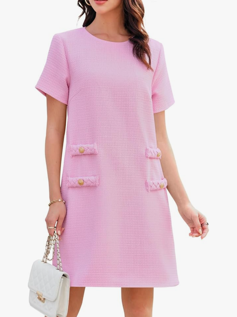 Women's Tweed Mini Dress Short Sleeve Crew Neck Work Office Elagant Formal Summer A Line Dresses M