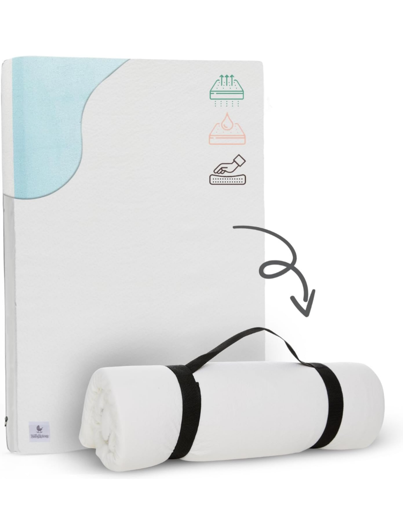 Babylicious Waterproof Pack N Play Mattress Topper - Twin (38'' x 26'') | Roll Up Style - Breathable Soft Memory Foam - Portable Playard Mattress Topper - Baby Foam Playpen Mattresses - Plain White