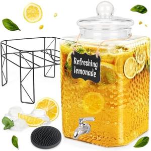 FULJOOY 4.6 Gallon Glass Beverage Dispenser with Stand Beverage Dispensers with Ice Cylinder Steel Spigot Hanging Chalkboard Signs Drip Trays Drink Juice Dispenser with Lids for Party Wedding Kitchen