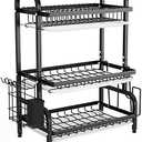 1Easylife Drying Rack, Metal 3-Tier Large Capacity Dish Rack with Utensil Holder, Cutting Board Holder, Drain Board Tray for Kitchen Counter Storage (Black)