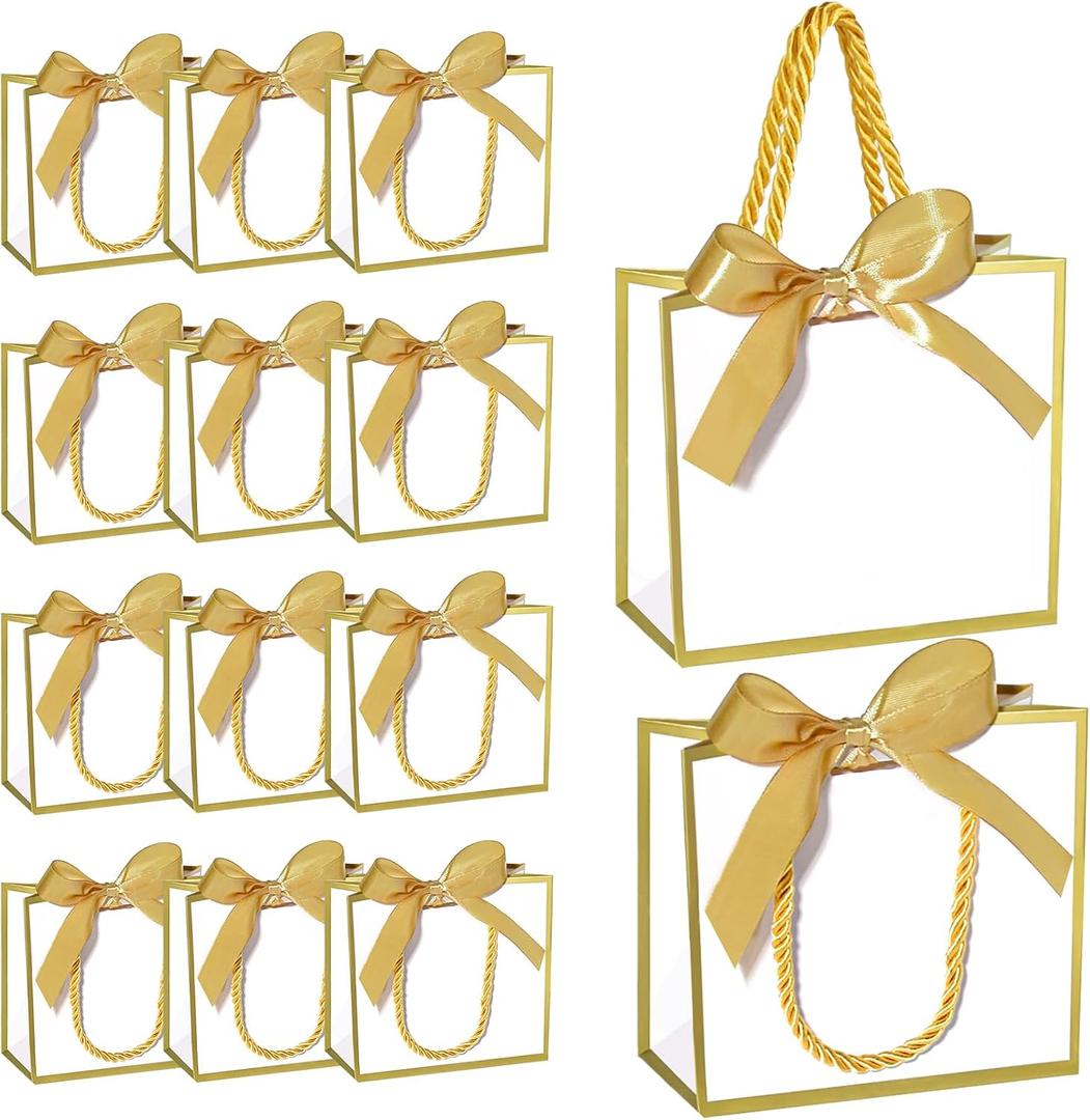 EQOREIIN 24 PCS Small Gift Bags with Handles,White Mini Bag,5.5x 2.5x4.7 Inches Small Thank You Gift Bags Bulk with Ribbon for Party Favors,Mother's Day, Goodie, Weddings,Baby Shower(White Gold)