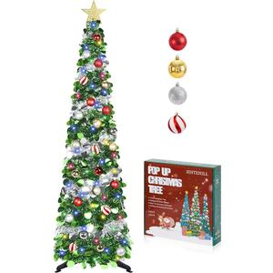 SINTENILL 5 FT Pop Up Christmas Tree with Timer Lights and Decorations, Silver Artificial Tinsel Christmas Tree with 24 Ball Ornaments, Collapsible Pencil Tree for Home, Office, Holiday Party