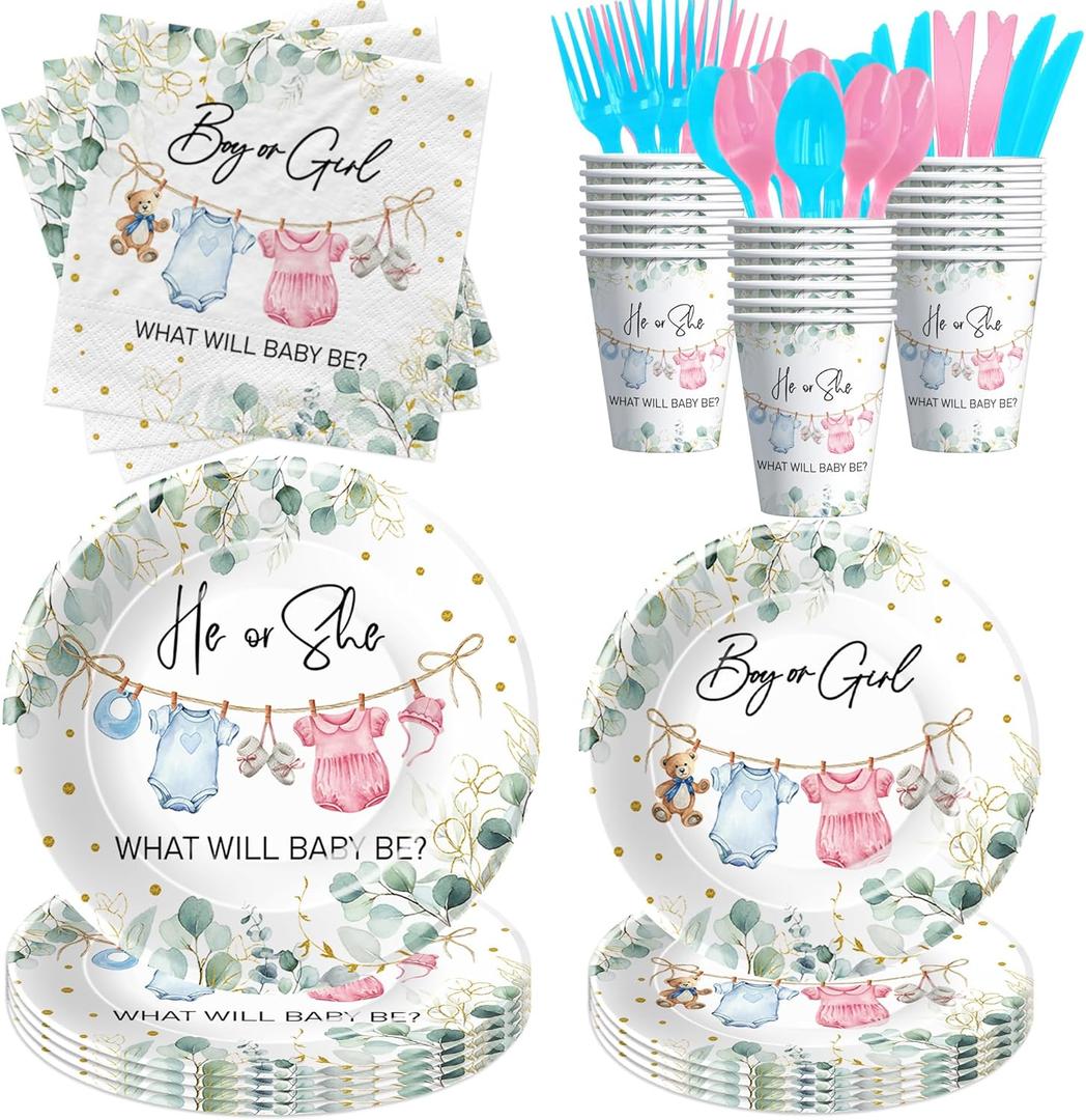 APOWBLS Gender Reveal Decorations, Greenery Baby Clothes Theme Boy or Girl Gender Reveal Baby Shower Party Supplies, He or She Paper Plates and Napkins Set, Cups, Disposable Cutlery, Serves 24