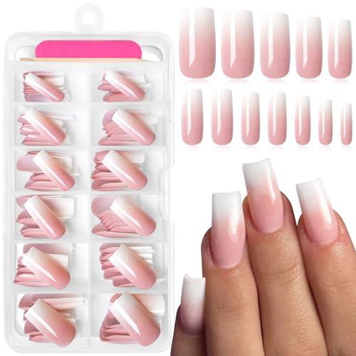AddFavor 120pcs Ombre Press on Nails Long Square - Pink White Gradient Fake Nails Press ons Square Stick on Nails for Women