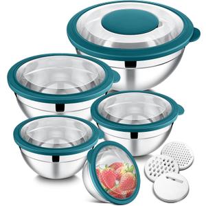 E-far Mixing Bowls Set of 5, Stainless Steel Salad Mixing Bowl with Transparent Lid, Metal Nesting Bowl Attach with 3 Graters for Kitchen Prepping/Serving/Baking/Storage, 4.6/2.6/1.5/1/0.7 QT - Blue (Teal Blue)