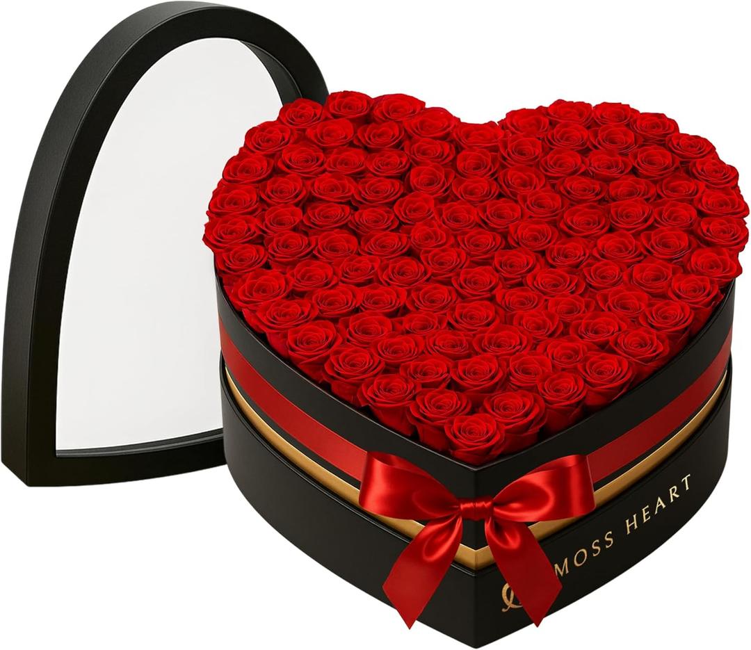 100 Preserved Roses, Forever Flowers for Delivery in Designer Heart-Shaped Box, Petite Long-Lasting Buds for Women, Eternal Rose Bouquet for Mothers Day, Girlfriend's Birthday