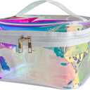Waterproof Holographic Blue PVC Makeup Bag with Handle - 8.66 * 5.51 * 5.51 inch Travel Cosmetic Organizer for Women Men Toiletry Pouch (Holographic Blue - L)