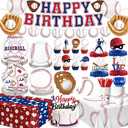 Baseball Birthday Decorations Set Includes Plates, Napkins, Cups, Cutlery, Toppers, Banner, Hanging Swirls, Tablecloths, Honeycomb Centerpieces, Foil Balloons for Baseball Party Decorations, Serves 24