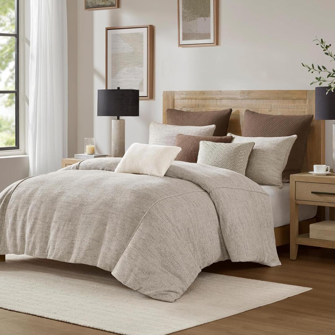 Madison Park Comforter Set Chenille Jacquard, Cotton Reverse, Oversized Comforters, Removable Cover, All Season Bedding, Decor Pillows, Chapman, King Ivory/Neutral 9 Piece